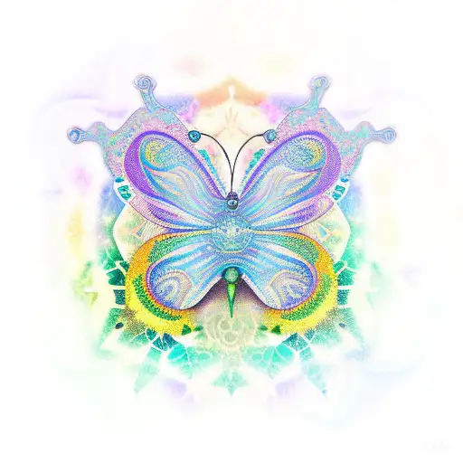 A vibrant new-school tattoo design featuring a kaleidoscope of colorful butterflies in shades of green and yellow, arranged in an interesting shape. tattoo design idea