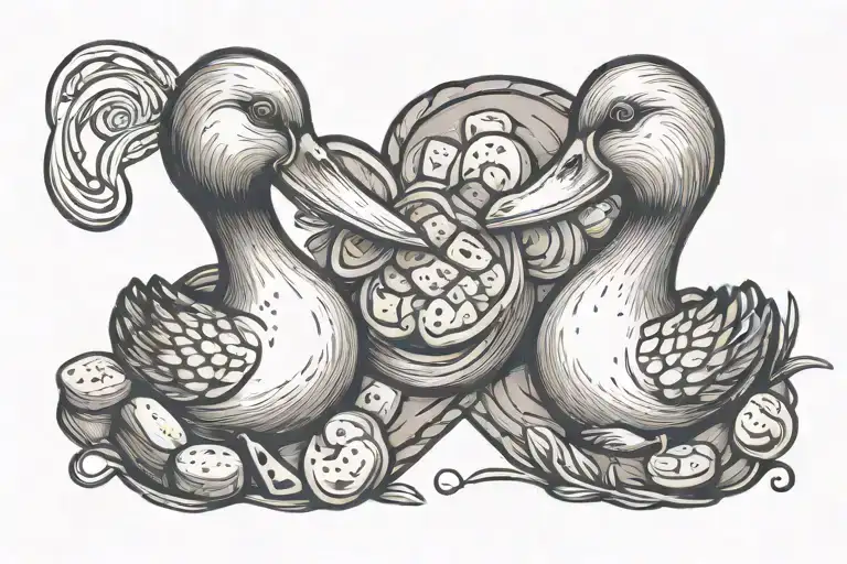 A love heart made out of bread and two duck nibbling on it  tattoo design idea