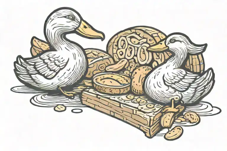 A love heart made out of bread and two ducks nibbling on it  tattoo design idea