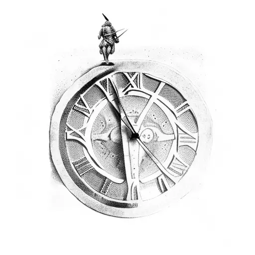 A Roman soldier holding a clock with Ancient Roman numerals tattoo design idea