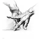 hand of David by Michelangelo, the left hand drawn as an anatomical hand and the right hand a normal hand tattoo design idea