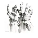 hand of David by Michelangelo, the left hand drawn as an anatomical hand and the right hand a normal hand tattoo design idea