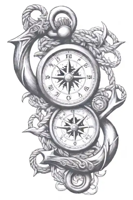 clock compass anchor rope intertwined tattoo design idea