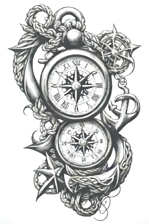 clock compass anchor rope intertwined tattoo design idea
