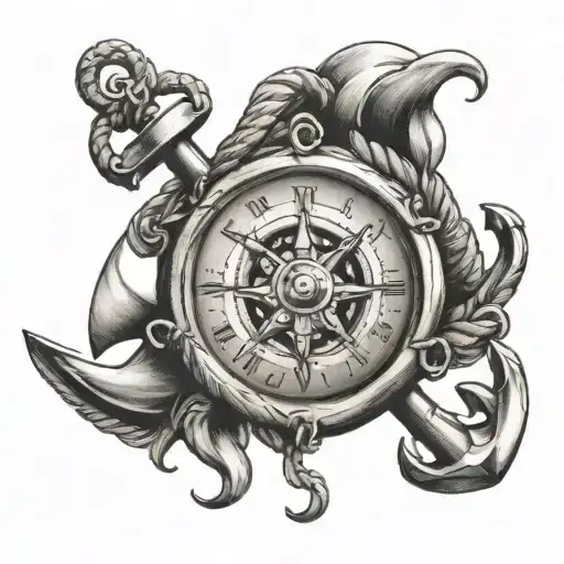clock compass anchor rope intertwined tattoo design idea