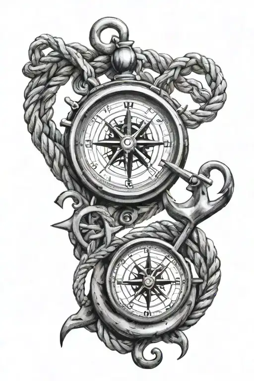 clock compass anchor rope intertwined tattoo design idea
