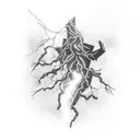 A realistic tattoo of a powerful lightning bolt striking an abandoned building, with dark storm clouds in the background tattoo design idea