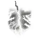 A realistic tattoo of a powerful lightning bolt striking an abandoned building, with dark storm clouds in the background tattoo design idea