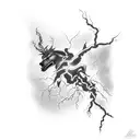 A realistic tattoo of a powerful lightning bolt striking an abandoned building, with dark storm clouds in the background tattoo design idea