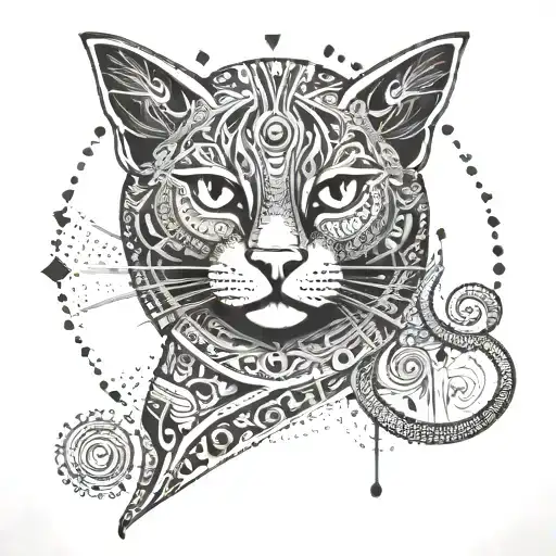 An intricate cat design incorporating ancient Egyptian symbols of healing tattoo design idea