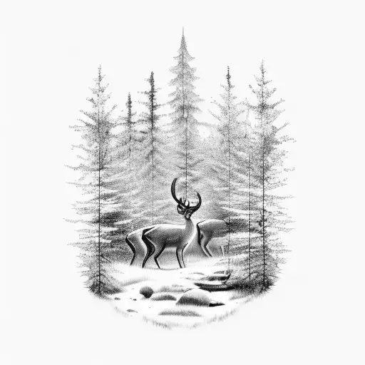 An enchanting forest scene with a hidden deer camouflaged among the trees tattoo design idea