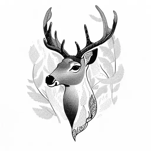 A majestic deer in a forest clearing surrounded by intricate vines tattoo design idea