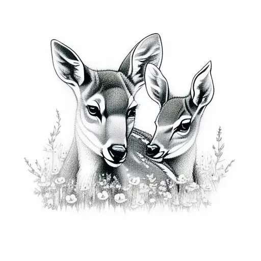 A mother doe and her fawn nestled among a bed of wildflowers tattoo design idea