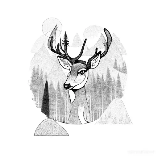 A mystical forest landscape with a deer emerging from the mist tattoo design idea