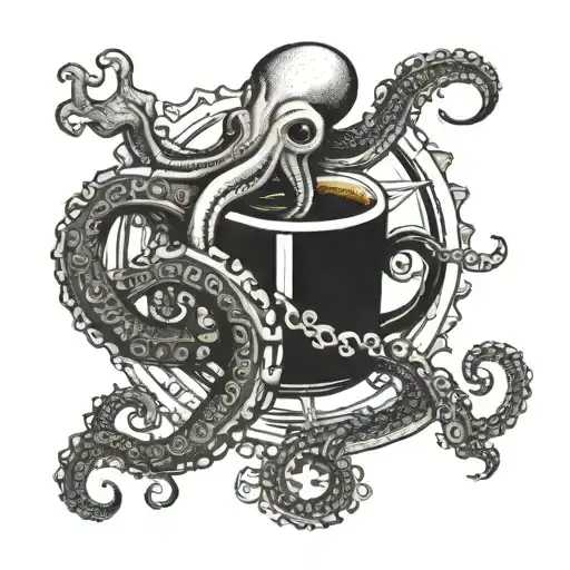 An octopus wrapping its tentacles around a coffee cup and a ship's wheel tattoo design idea