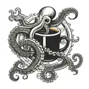 An octopus wrapping its tentacles around a coffee cup and a ship's wheel tattoo design idea