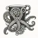 An octopus wrapping its tentacles around a coffee cup and a ship's wheel tattoo design idea