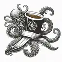 An octopus wrapping its tentacles around a coffee cup and a ship's wheel tattoo design idea