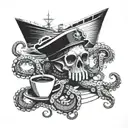 An octopus wrapping its tentacles around a coffee cup and a ship's wheel tattoo design idea