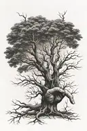 long leafless tree coming out of 1 finger of a male hand pointing tattoo design idea