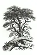 long leafless tree coming out of 1 finger of a male hand pointing tattoo design idea