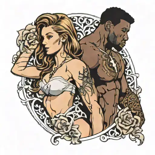black muscular man surround nude brown hair white girl tattoo design idea