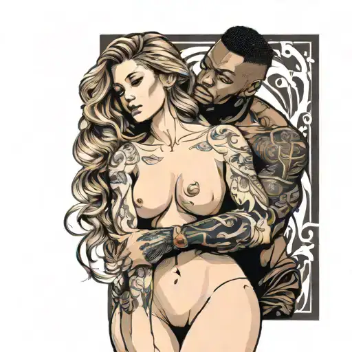 black muscular man surrounds nude brown hair white girl tattoo design idea