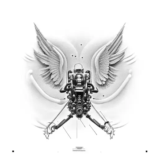 biomechanical design with machine parts under skin. incorporate airborne wings and skydiving.  tattoo design idea