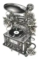 robin roses record player  tattoo design idea