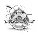 A carpenter's tools intertwined with fishing gear tattoo design idea