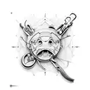 A carpenter's tools intertwined with fishing gear tattoo design idea