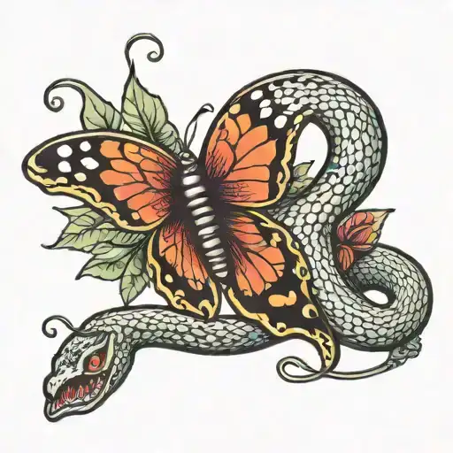 snake biting at a butterfly   tattoo design idea