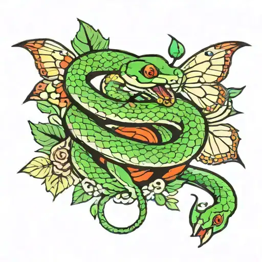 green Snake attacking  butterfly tattoo design idea