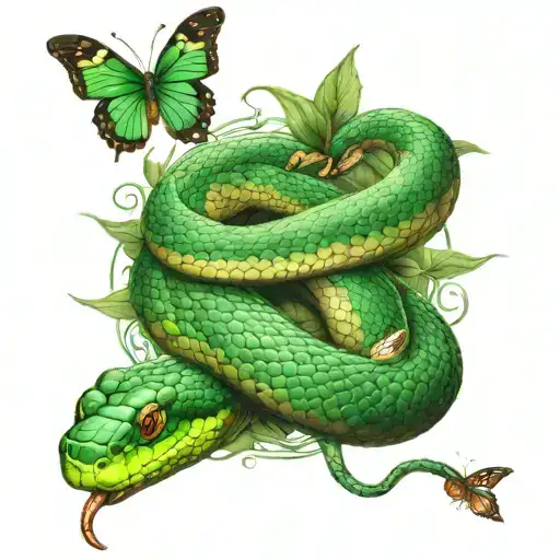 green Snake with butterfly  tattoo design idea