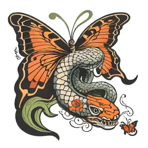 snake attacking butterfly   tattoo design idea