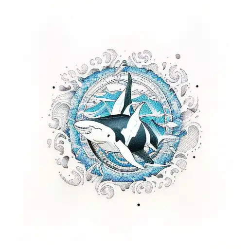 Orcas, white sharks, bull sharks, whales and sea waves as in a circle tattoo design idea