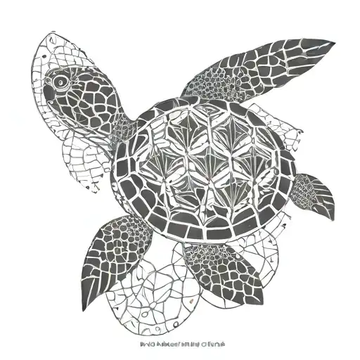 A sea turtle with a shell made of geometric patterns, swimming through a coral reef also depicted with geometric shapes. tattoo design idea