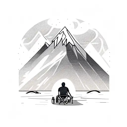 A camper sitting near a bonfire with a silhouette of Mount Everest in the distance tattoo design idea