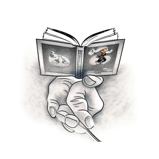 A realistic tattoo of a Disney character reading a book, with intricate details and shading to bring the scene to life tattoo design idea