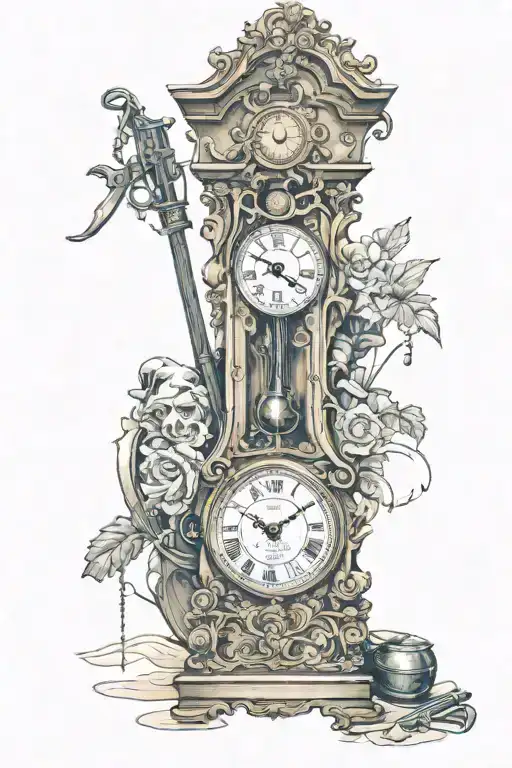 A grandfather clock with a rifle leaning against it. Within the clock is the sands of time tattoo design idea