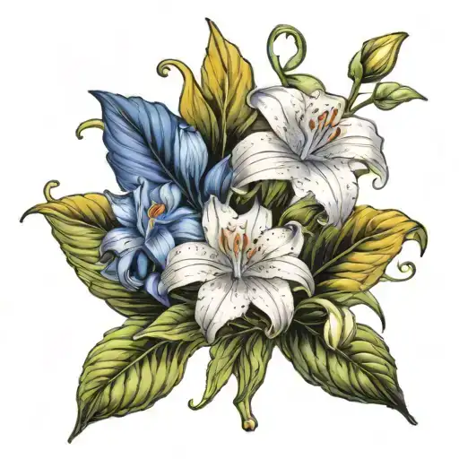 marigolds lily of the valleys & blue morning glorys  tattoo design idea