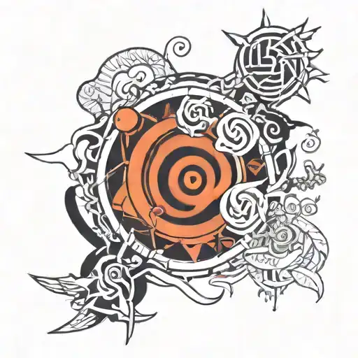 Combine elements from Naruto such as the Ambu sigil, cursemark, and yin and yang symbol into a unique and intricate design tattoo design idea