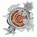 Combine elements from Naruto such as the Ambu sigil, cursemark, and yin and yang symbol into a unique and intricate design tattoo design idea