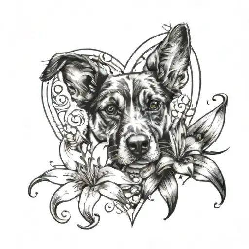 Dog paw print surrounded by heart with stargazer Lilly tattoo design idea
