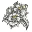 dog paw print surrounded by heart with stargazer lily to left-hand side of the heart  tattoo design idea