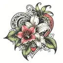 dog paw print surrounded by heart with stargazer lily to left-hand side of the heart  tattoo design idea