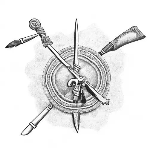 flintlock pistol crossed with a indian tomahawk and a black powder powder horn with an american flag background tattoo design idea