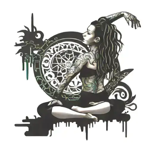 A serene yoga pose intertwined with reggae music notes and graffiti elements tattoo design idea