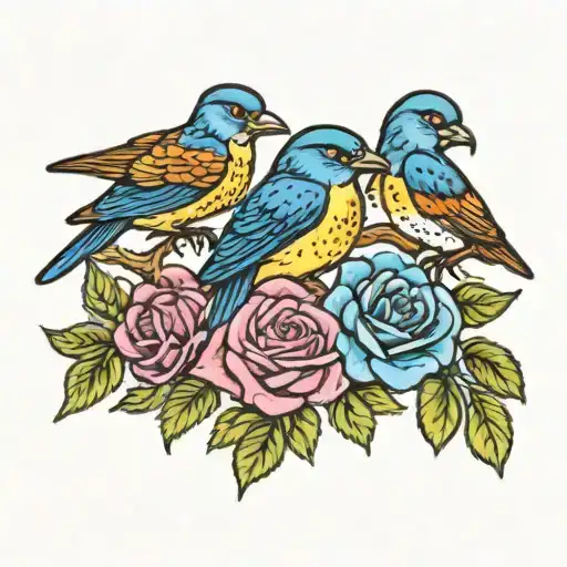A colorful tattoo featuring the client's 4 children represented as different birds, each with a blue rose in its beak tattoo design idea
