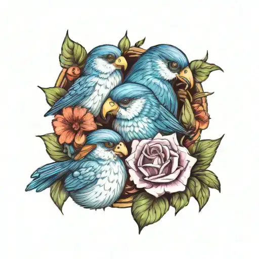 A colorful tattoo featuring the client's 4 children represented as different birds, each with a blue rose in its beak tattoo design idea